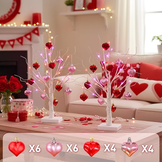 Valentines Day Decorations 2Pack Birch Tree with Hanging Heart-Shaped Ornaments, Lighted Artificial Trees with 24 LED Pink&Red Lights, Light Up Twig Tabletop Battery Operated for Home Indoor Table