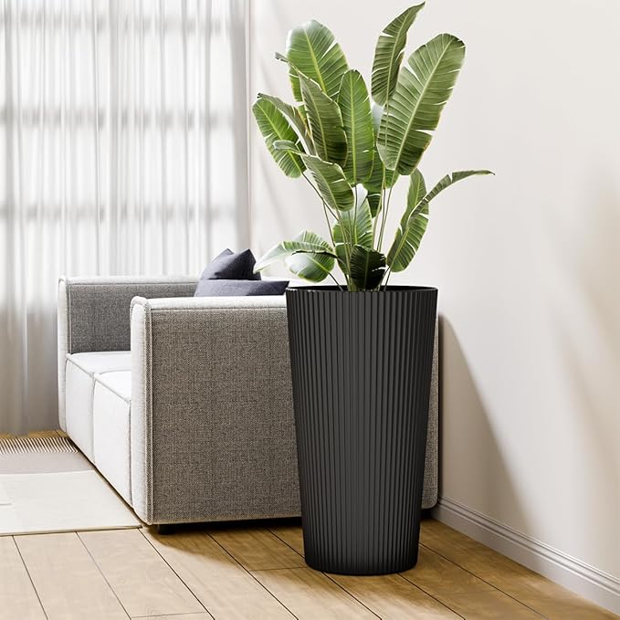 Tall Outdoor Planter Set of 2-23.6" Large Striped Plastic Flower Pots, Decorative Indoor/Outdoor Planters for Porch, Patio, Balcony & Garden, Black