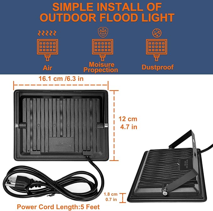 XXBSAZ 50W LED Flood Light Outdoor, Plug-in & Hardwired Security Light, IP66 Waterproof 6500K Daylight for Porch, Shed & Small Outdoor Areas (2 Pack)
