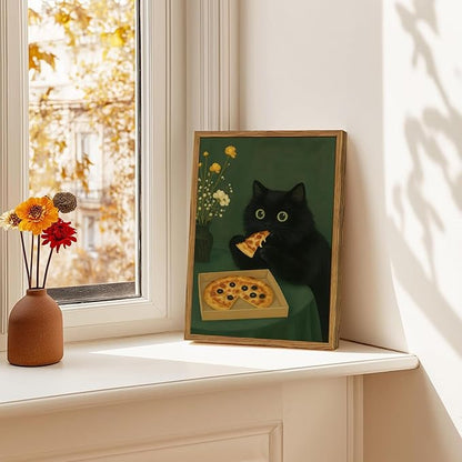 Funny Black Cat Wall Art Whimsical Black Cat Eating Pizza Wall Decor Cute Animal Dark Green Kitchen Poster Canvas Prints for Bedroom Living Dining Room 16x24 inch Wood Framed