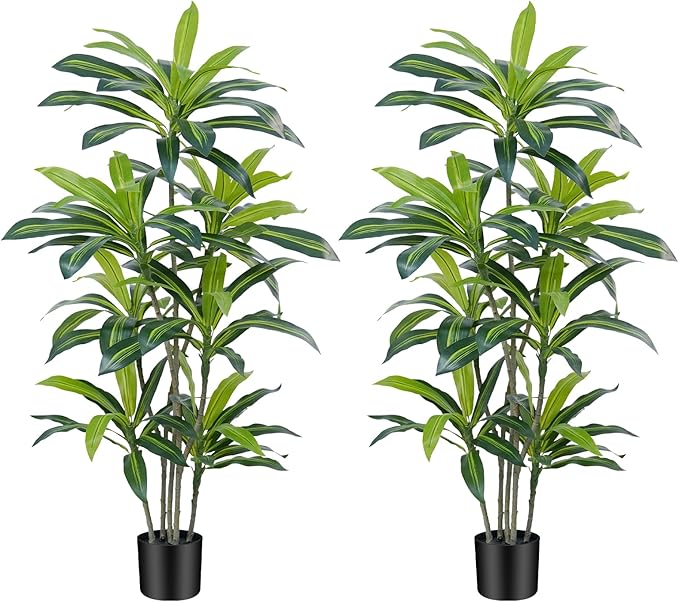 6Ft Dracaena Plant Artificial Tree Fake Tropical Floor Plants Potted (Real Touch) Artificial Silk Tree Leaf Faux Trees Black Tall Planter for Home Office Living Room Indoor Outdoor Decor（2Pack）