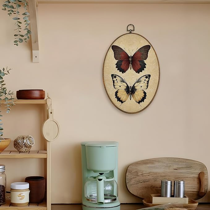 LKETW Vintage Butterfly Oval Wall Art Decor, Retro Cottagecore Butterfly Oval Canvas Hanging Decor, Retro Whimsical Moth Insect Wall Decorations for Home Living Room Bedroom, 8.6x11.4 Inch