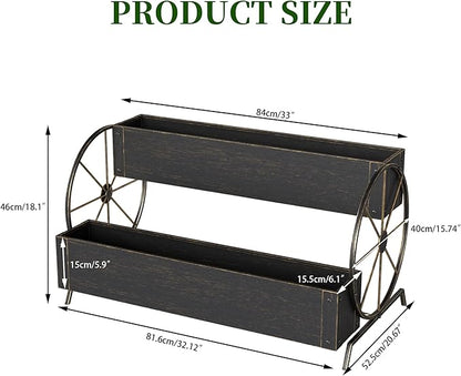 Metal Wagon Planter Box, 2-Tier Garden Planter with Wagon Wheels, Decorative Outdoor Planters for Flowers Herbs Vegetables, Flower Cart Small Raised Garden Bed for Patio, Balcony (Retro Gold)