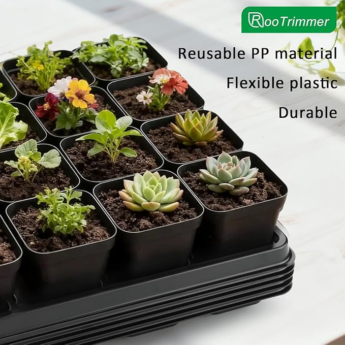 24 Cell Nursery Pots Trays 10 Pack (17"x11"x1.6"), Reusable Plastic Plant Pot Tray with Drain Holes, Carrying Seed Starter Tray for Holding 2.8 inch (7CM) Square Nursery Pots (Black)