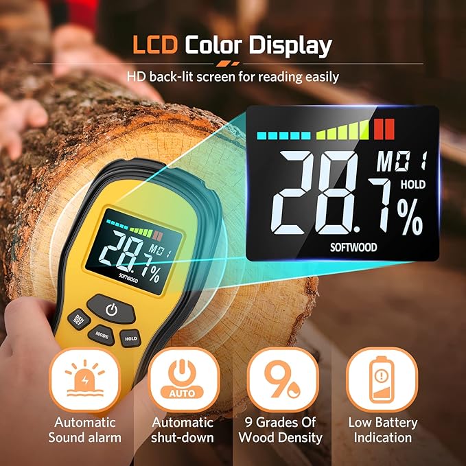 Pinless Moisture Meter - Povlen Wood Moisture Meter Digital Moisture Detector for Lumber Drywall Firewood Masonry Woodworking Plaster Floor Concrete Building with LCD Display Sound Alarm