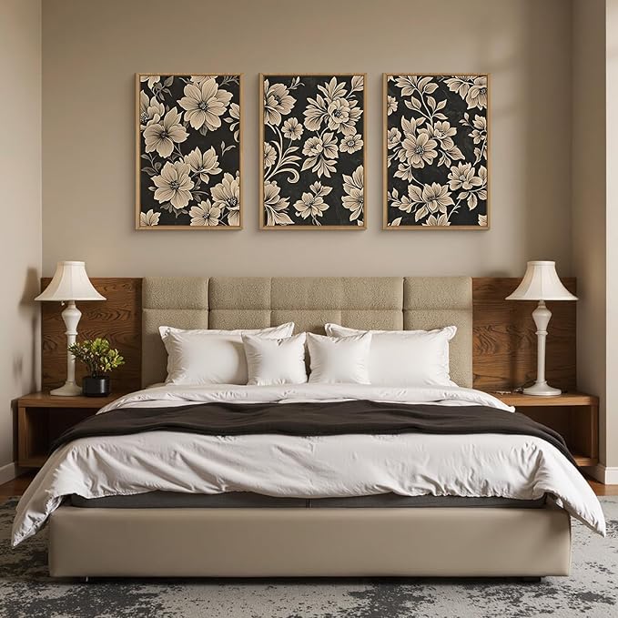 Large Vintage Floral Framed Canvas Wall Art Set,Mid Century Modern Flower Wall Decor,Neutral Wildflower Art Prints,Retro Botanical Plant Artwork for Living Room,Dining Room,Office-24 x36 x3