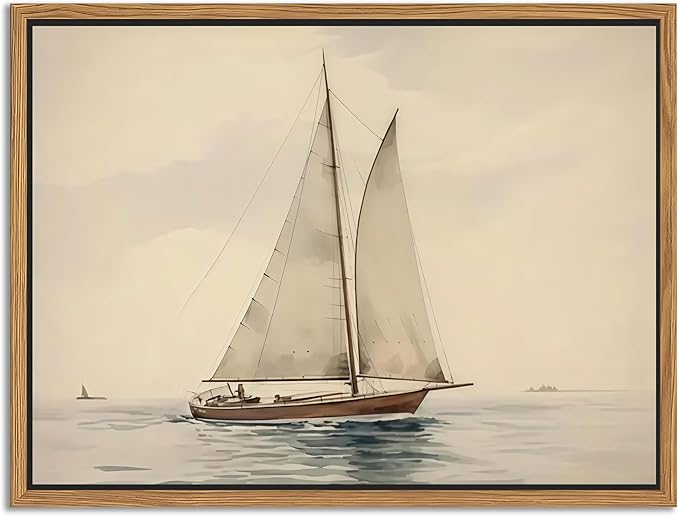 Floating Framed Canvas Wall Art, Vintage Sailboat Ocean Picture Wall Decor, White Sailboat Seascape Poster Print Painting for Living Room Bedroom Bathroom Office Home Decor 12x16 inch