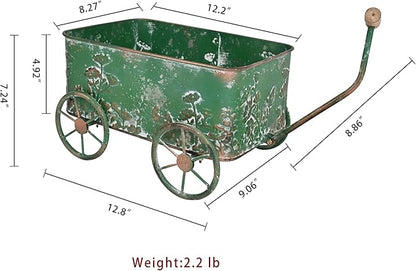 Flower Cart with Wooden Handles, Metal Wagon Planters for Outdoor Plants, Garden Planter with Wagon Wheels, Decorative Wheelbarrow, Plant Cart for Patio Garden Balcony (Green)
