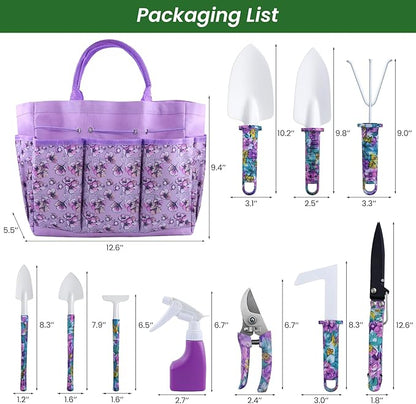 Gardening Tools Set for Women, 10-Piece Purple Floral Heavy Duty Garden Tool Set with Storage Tote Bag, Gardening Tools Kit with Ergonomic Non-Slip Handle, Ideal Women's Gift for Gardening
