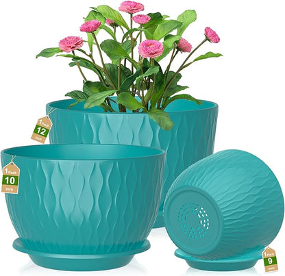 12/10/9 Inch Planter Pots, 3-Pack Large Flower Pots for Indoor Outdoor Garden Plants, Big Plant Pots with Multi Mesh Drainage Holes and Saucer (Black-Green, 12"+10"+9")