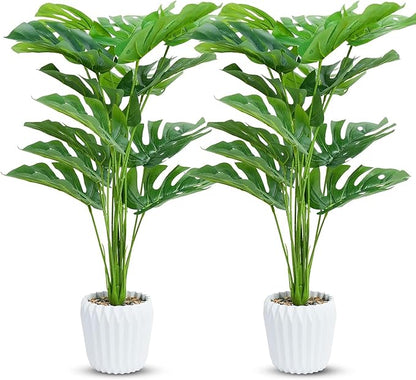 Set of 2 Fake Plants 28" Tall Artificial Monstera Deliciosa with 18 Leaves in White Pot for Home Office Decor