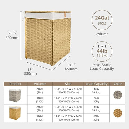 Woven Rattan Laundry Hamper with Lid & Handles,90L Foldable Laundry Basket Includes Machine Washable Removable Liner with 2 Compartments for Storage Basket for Bedroom, Bathroom(Yellow)