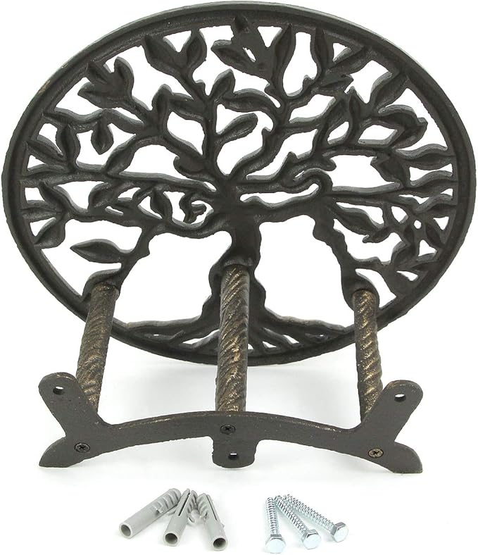 Cast Iron Tree of Life Decorative Wall-Mounted Garden Hose Hanger - Stylish Outdoor Hose Holder Décor with a 12-Inch Diameter - Weather-Resistant Aged Bronze Finish