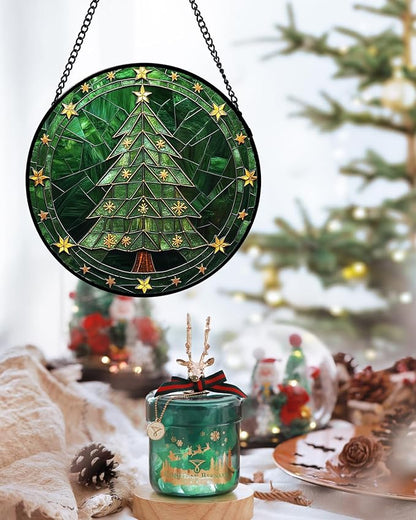 Stained Glass Window Hanging - Green Christmas Tree with Golden Stars Suncatcher for Doors Home Christmas Decoration Sun Catcher Thanksgiving New Year Birthday Gifts for Women Men Mom Nana 15 in