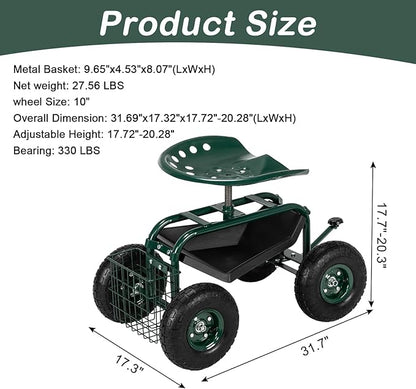 Outvita Garden Cart Gardening Workseat w/Wheels, Rolling Work Seat with Adjustable 360 Degree Swivel Seat, Basket and Tool Tray, Patio Wagon Scooter for Lawn Yard Outdoor Planting（Green）