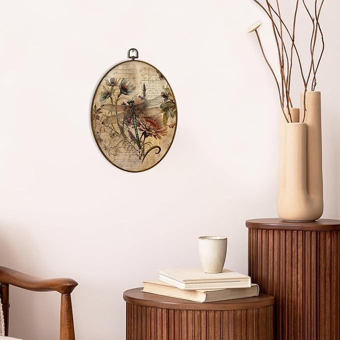MAQIKA Vintage Dragonfly Oval Framed Wall Art Decor, Dragonfly Wall Decor, Dragon Fly Botanical Oval Wall Hanging Decor, Retro Dragonflies Canvas Prints Wall Art for Bedroom Living Room, 8.7x11.3 Inch