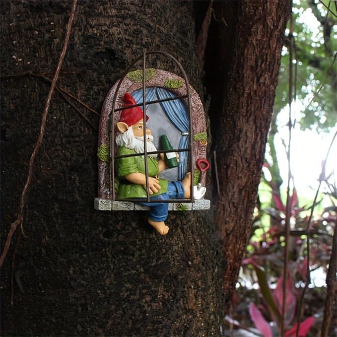 Garden Gnome Window Statue for Trees and Wall, Drinking Dwarf Fairy Garden Miniature Accessories, Patio Art Sculpture