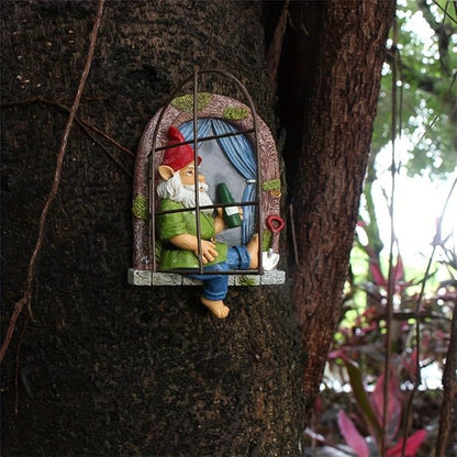 Garden Gnome Window Statue for Trees and Wall, Drinking Dwarf Fairy Garden Miniature Accessories, Patio Art Sculpture