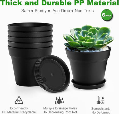 4 Inch Plastic Plant Pots 6 Pack, Small Flower Pots with Drainage Holes and Tray, Thickened Indoor Planters Seedlings Nursery Pots, African Violet, Succulent and All House Plants, Green