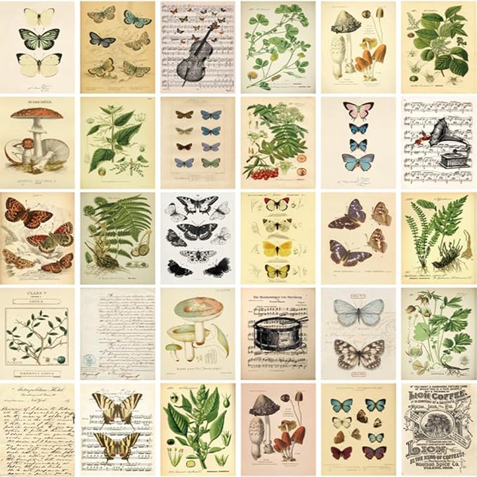 Forest Plant Wall Collage Kit Aesthetic Pictures, 30pcs Retro Cottagecore Room Decor, Cute Photo Collage Posters for Room Aesthetic, Vintage Botanical Posters 4"x6" for Dorm, Bedroom, Teen, Girls