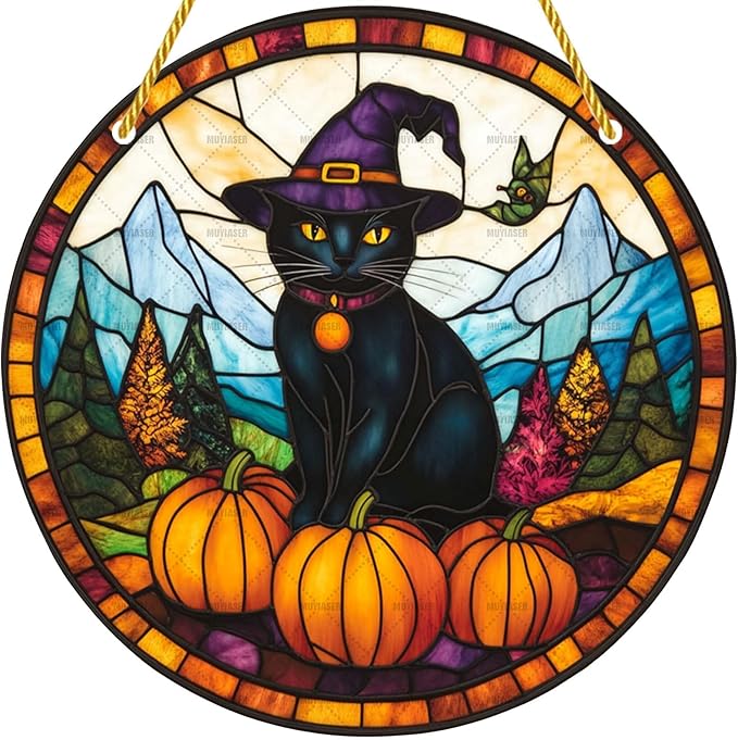Acrylic Window Hanging Black Cat Pumpkins Stained Panel Window Decoration for Halloween Decorations Outdoor Indoor Garden Yard Home Halloween Decor 12 Inch