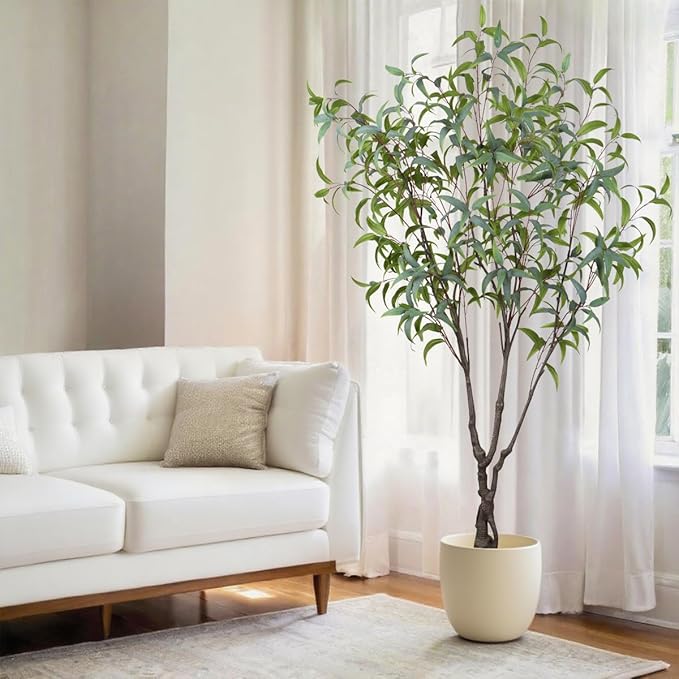 6.89ft Aritificial Eucalyptus Trees for Indoor Home Decorations, Tall Faux Eucalypt Trees with Lifelike Leaves for Outdoor Decor, Nearly Natural Fake Floor Plants for Living Room Office