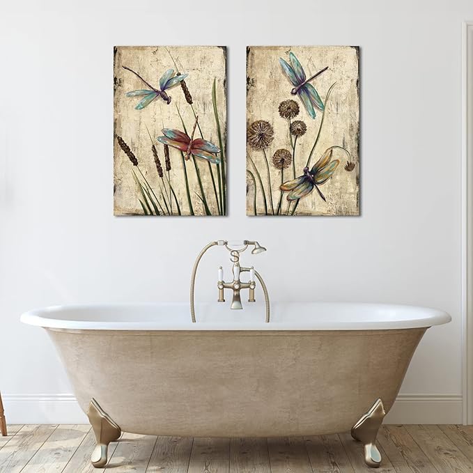 KLVOS Dragonfly Canvas Wall Art Decor Vintage Insect Dragonflies Dandelion Picture Print on Canvas Modern Animal Artwork Framed for Bedroom Bathoom Ready To Hang