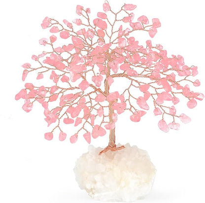 Gemstone Crystal Tree of Life,Natural Rose Quartz Clear Quartz Cluster Base,Healing Crystal Positive Energy Bonsai Feng Shui Money Tree Home Decor for Luck and Wealth 5.5"-6.3"