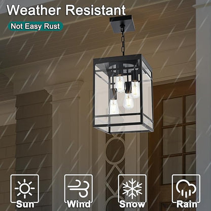Large Outdoor Pendant Light for Porch, Black Outdoor Hanging Pendant Lighting Fixture, Exterior Linear Chandelier Hanging Lantern for Outside Patio,Front Door