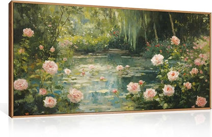 Watercolor Flower Tree Framed Canvas Wall Art Set,Natural White Pink Rose Wildflower Wall Decor,Vintage Dark Green Botanical Artwork for Living Room, Bedroom,Farmhouse-40 x20 x1