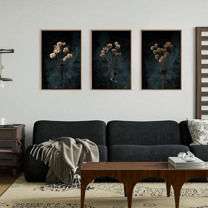 LHIUEM Dark Moody Wildflowers Framed Canvas Wall Art Set,Minimalist Wildflower Wall Decor,Vintage Black Flower Botanical Painting, Aesthetic Floral Artwork for Living Room,Bedroom,Office-16''x24''x3