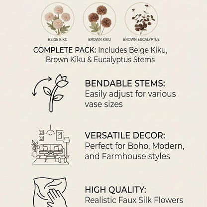 22pcs Artificial Beige & Brown Kiku Flowers with Eucalyptus Stems Bulk, Faux Silk Mum Pom Poms for Vase, Modern Farmhouse Boho Home Decor, Realistic Floral Centerpiece for Kitchen & Living Room