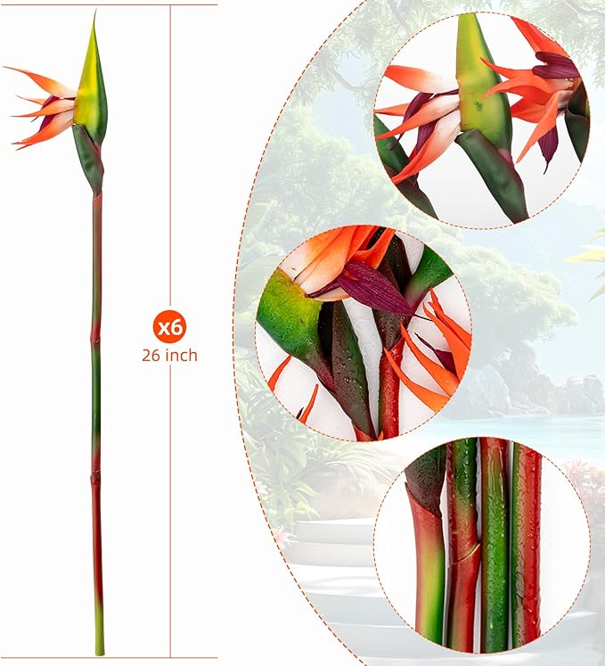 6 PCS Artificial Bird of Paradise Flowers, Real Touch 26inch Long Stem Flower Made of Soft Rubber PU for Indoor Outdoor Home Wedding Floral Arrangement Garden Party Decor (Orange)