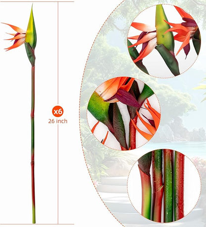 6 PCS Artificial Bird of Paradise Flowers, Real Touch 26inch Long Stem Flower Made of Soft Rubber PU for Indoor Outdoor Home Wedding Floral Arrangement Garden Party Decor (Orange)