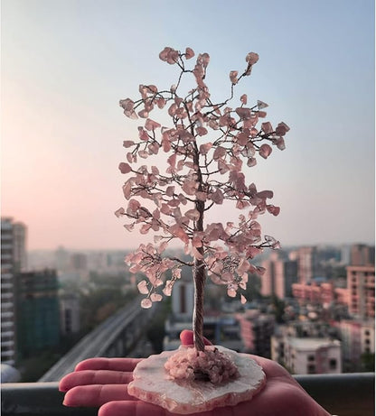 Rose Quartz Crystal Tree with Bracelet for Home Decor, Healing, Spiritual Gifting, Room Decor, New Year & Good Luck Gifting | Made from Genuine Crystal Stones (9 x 3 Inches)