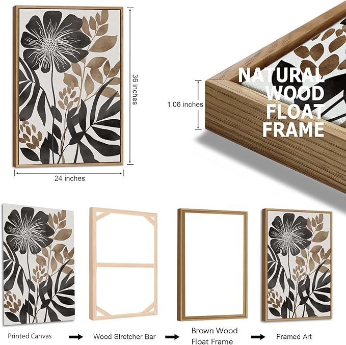 Large Framed Canvas Wall Art - Natural Float Framed Rustic Black Flowers Leaves Pictures Decor Brown Floral Foliage Artwork for Bedroom Living Room Kitchen Home Office Decoration 72" X 36" Set of 3