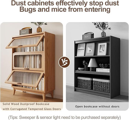 3-Shelf solid wood book case with corrugated tempered glass doors dusty wooden bookshelf Flip-Up Doors original wood midcentury modern book cases/shelves 3 tier for home office with installation tool