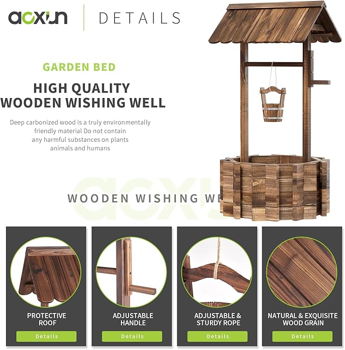 Aoxun Wooden Wishing Well Planters with Hanging Bucket, Garden Helper, Rustic Garden Decor for Outside, Yard, and Patio, Upgrade Reinforced Base, Brown