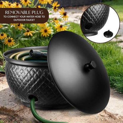 Monarch Abode Garden Hose Holder with Lid – Decorative Water Hose Holders for Outside, Diamond Embossed Metal Matte Black Pot with Drainage, 100ft Waterhose Holder for Outside, Garden Storage Caddy