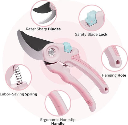 NEXON Garden Pruning Shears 2 Pack, 8" Bypass Hand Pruner & 6.25" Precision Garden Scissors, Professional Garden Clippers for Plants and Flowers Pink