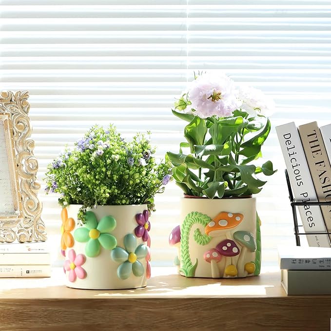 GUGUGO Colorful Mushrooms Planters Cute Unique Rainbow Planter with Drainage, Vintage Retro Flower Plant pots for Indoor & Outdoor Plants, Boho Modern Home Décor (A,5 Inch)
