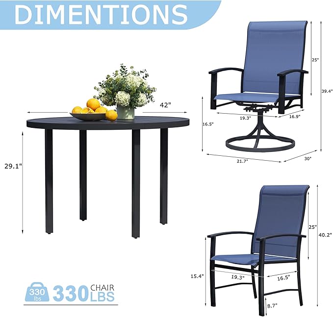 5 Piece Outdoor Dining Set, 42" Black Round Outdoor Dining Table with 2 Blue Swivel Outdoor Dining Chairs and 2 Fixed Patio Table and Chair Set of 4 for Lawn, Garden, or Porch