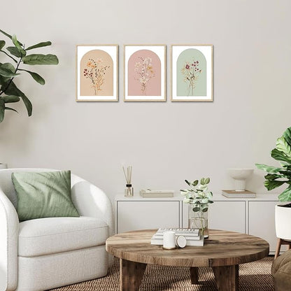 CHMMART 3 Piece Boho Wildflower Framed Wall Art Floral Botanical Canvas Art Prints Flower Pictures Wall Decor Minimalist Painting Artwork for Living Room Bedroom Bathroom 12x16in