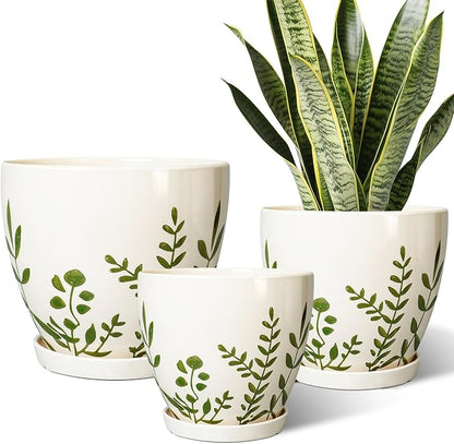 Ceramic Pots for Plants - 10+8+6 Inch Planters for Indoor Outdoor Flowers, Boho Round Decorative Flower Pots with Drainage Holes and Saucers, Home Decor, Gifts for Plant Lovers, Set of 3, White