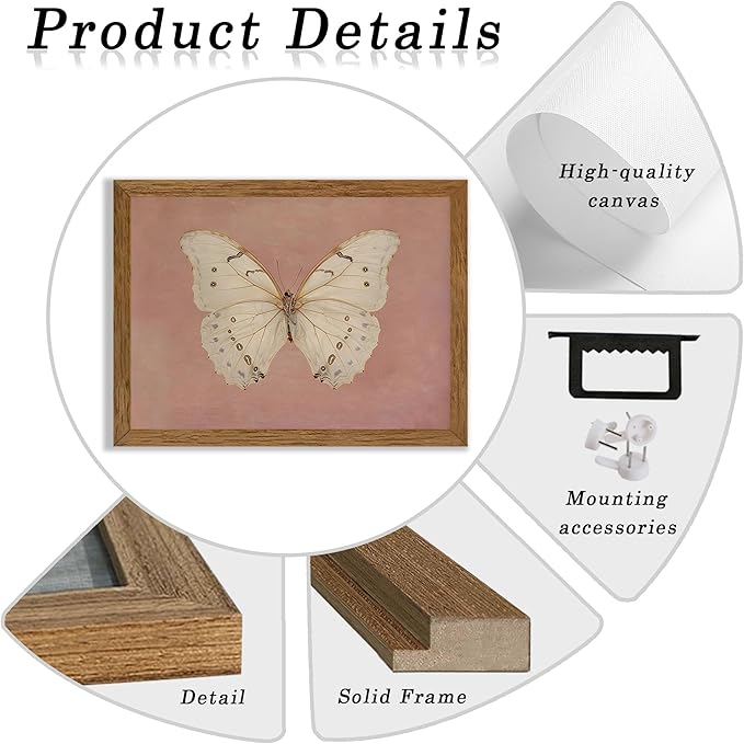 Wojuin Framed Pink Vintage Butterfly Canvas Wall Art, Neutral Moody Insect Farmhouse Wall Decor, Antique White Moth Aesthetic Poster Print for Living Room Bedroom Bathroom Dorm Office 8x10 in