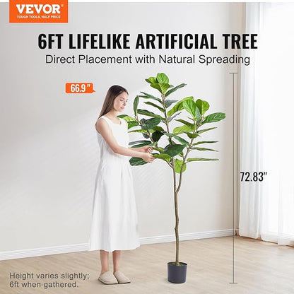 VEVOR Artificial Fiddle Leaf Fig Tree 6 FT, Secure PE Material & Anti-Tip Tilt Protection Low-Maintenance Faux Plant, Lifelike Green Fake Potted Tree for Home Office Warehouse Decor Indoor Outdoor