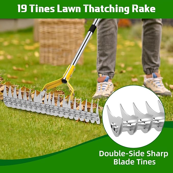 Thatch Rake, 15 Inch Lawn Thatching Rakes for Cleaning Dead Grass, Efficient Metal Steel Lawn Dethatcher with Sponge Handle, Lawn loosening Soil Grass Rake (Silver)