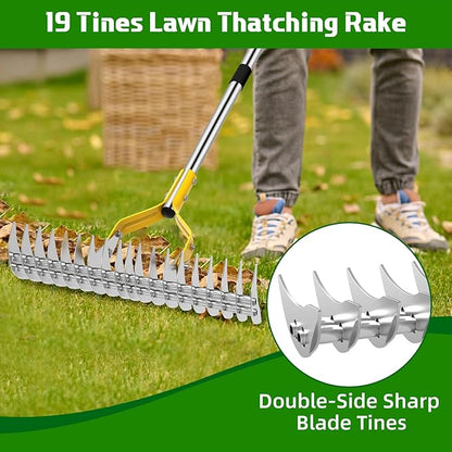 Thatch Rake, 15 Inch Lawn Thatching Rakes for Cleaning Dead Grass, Efficient Metal Steel Lawn Dethatcher with Sponge Handle, Lawn loosening Soil Grass Rake (Silver)