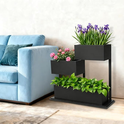 Geometric Metal Planter Box with Drainage Indoor Outdoor,Modern Black Steel Garden Planter 31.5x11.81x27.56in, Haevy Duty Raised Garden Bed Plant Pot for Patio Yard Garden Decoration