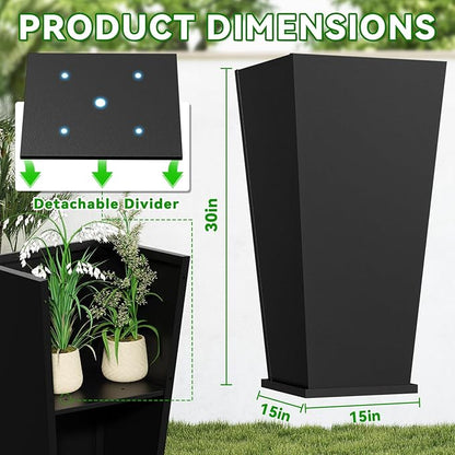 Metal Planter 2 Pack, 15L x 15W x 30H, Heavy Duty Tall Planters for Outdoor Plants, Black Planters with Removable Insert Shelf, Large Planters with Drainage Holes for Porch, Patio, Black